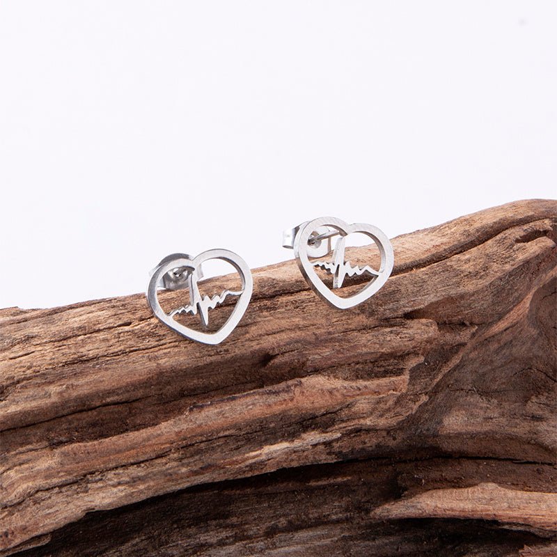 Cardio Lightning Silver Gold Stainless Steel Heart Stud Earrings For Women Girls-Jewearrings