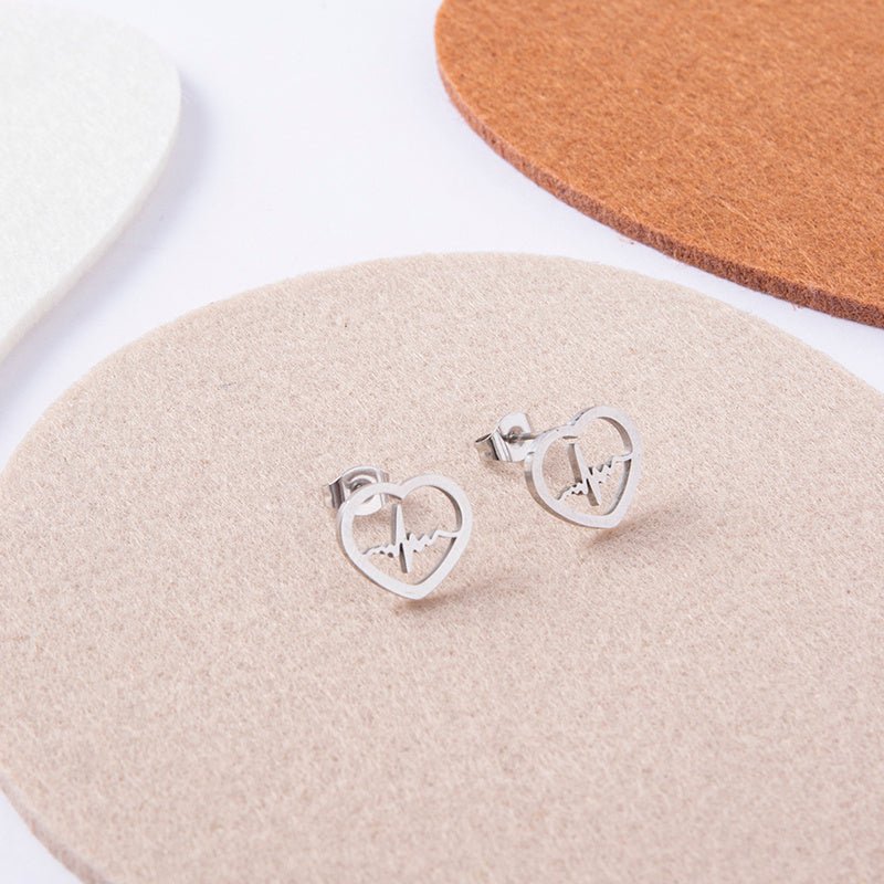 Cardio Lightning Silver Gold Stainless Steel Heart Stud Earrings For Women Girls-Jewearrings