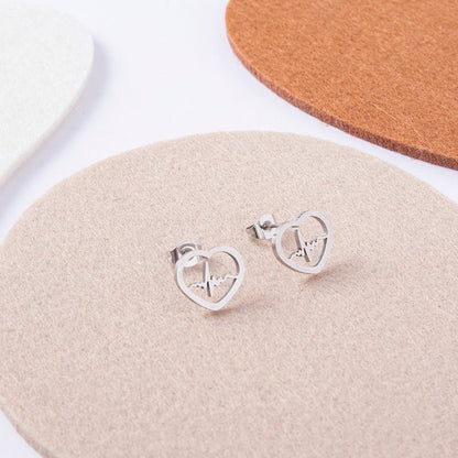 Cardio Lightning Silver Gold Stainless Steel Heart Stud Earrings For Women Girls-Jewearrings