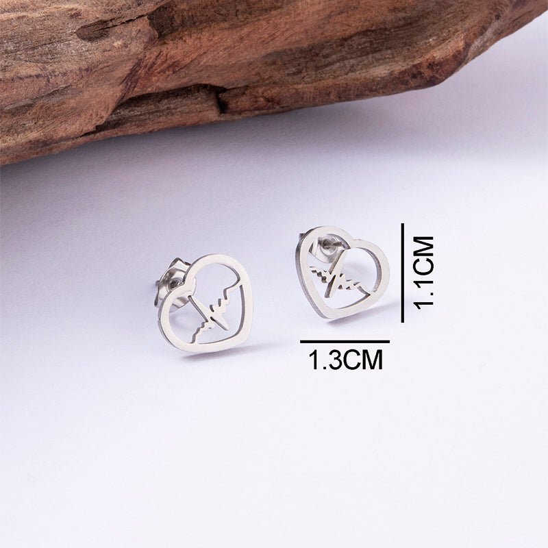 Cardio Lightning Silver Gold Stainless Steel Heart Stud Earrings For Women Girls-Jewearrings