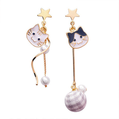 Cat Pearl Asymmetric Earrings Fabric Plaid Ball Drop Earrings-Jewearrings