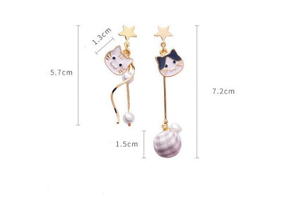 Cat Pearl Asymmetric Earrings Fabric Plaid Ball Drop Earrings-Jewearrings