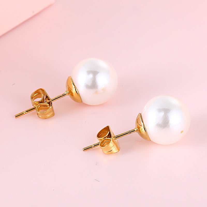 Stainless Steel Round Pearl Stud Earrings-Jewearrings