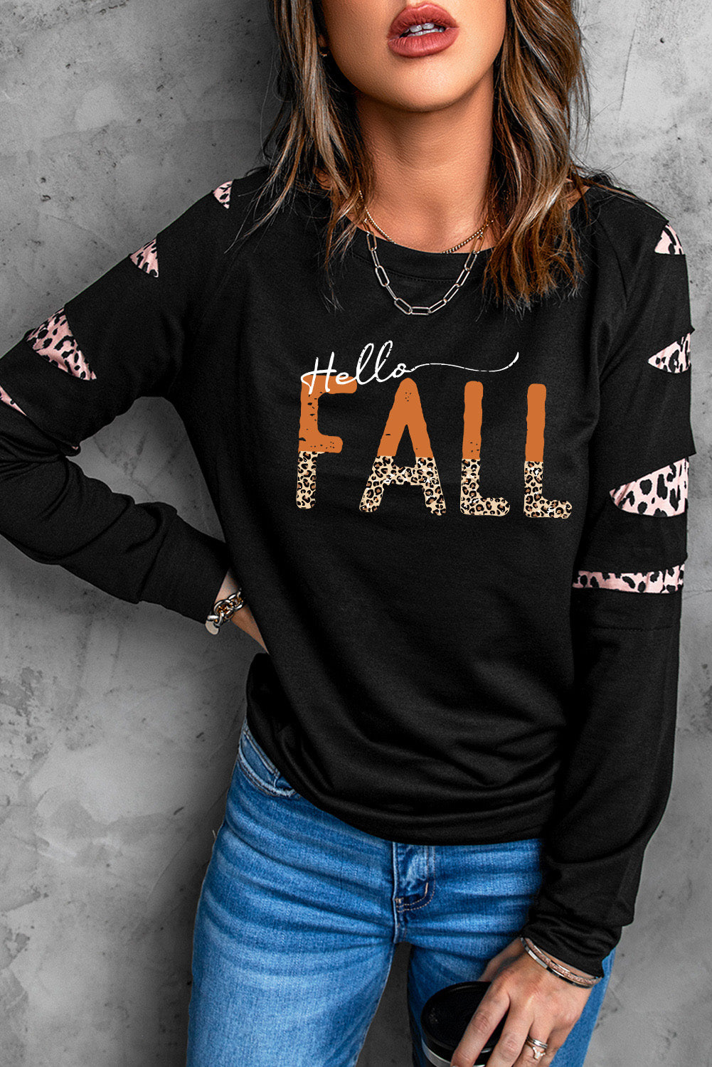 Double Take Leopard Long Sleeve Round Neck HELLO FALL Graphic Sweatshirt-Jewearrings