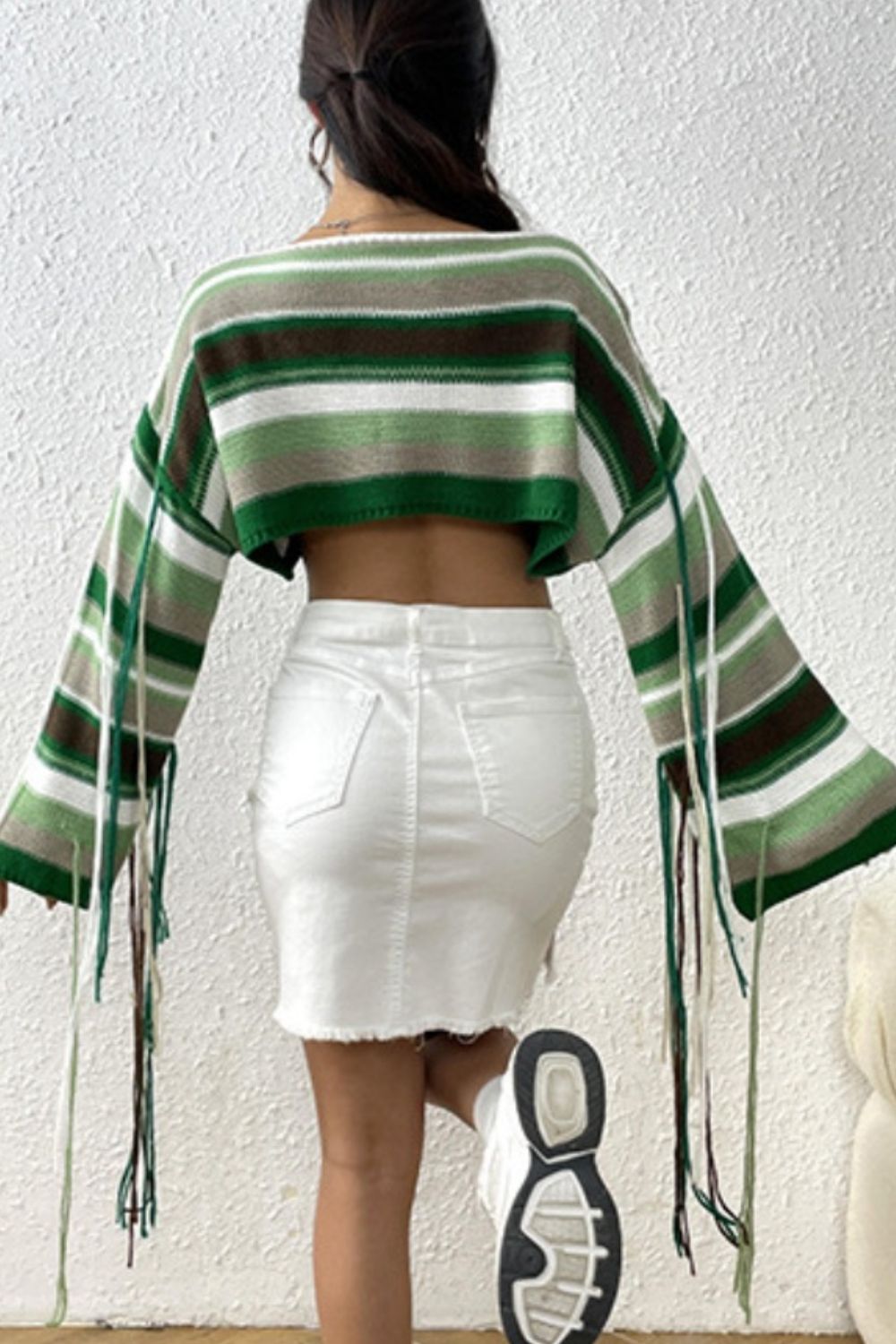 Fringe Striped Round Neck Knit Top-Jewearrings