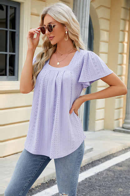 Eyelet Square Neck Short Sleeve T-Shirt-Jewearrings