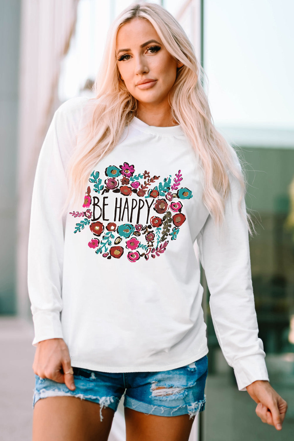 Simply Love BE HAPPY Graphic Round Neck Tee-Jewearrings