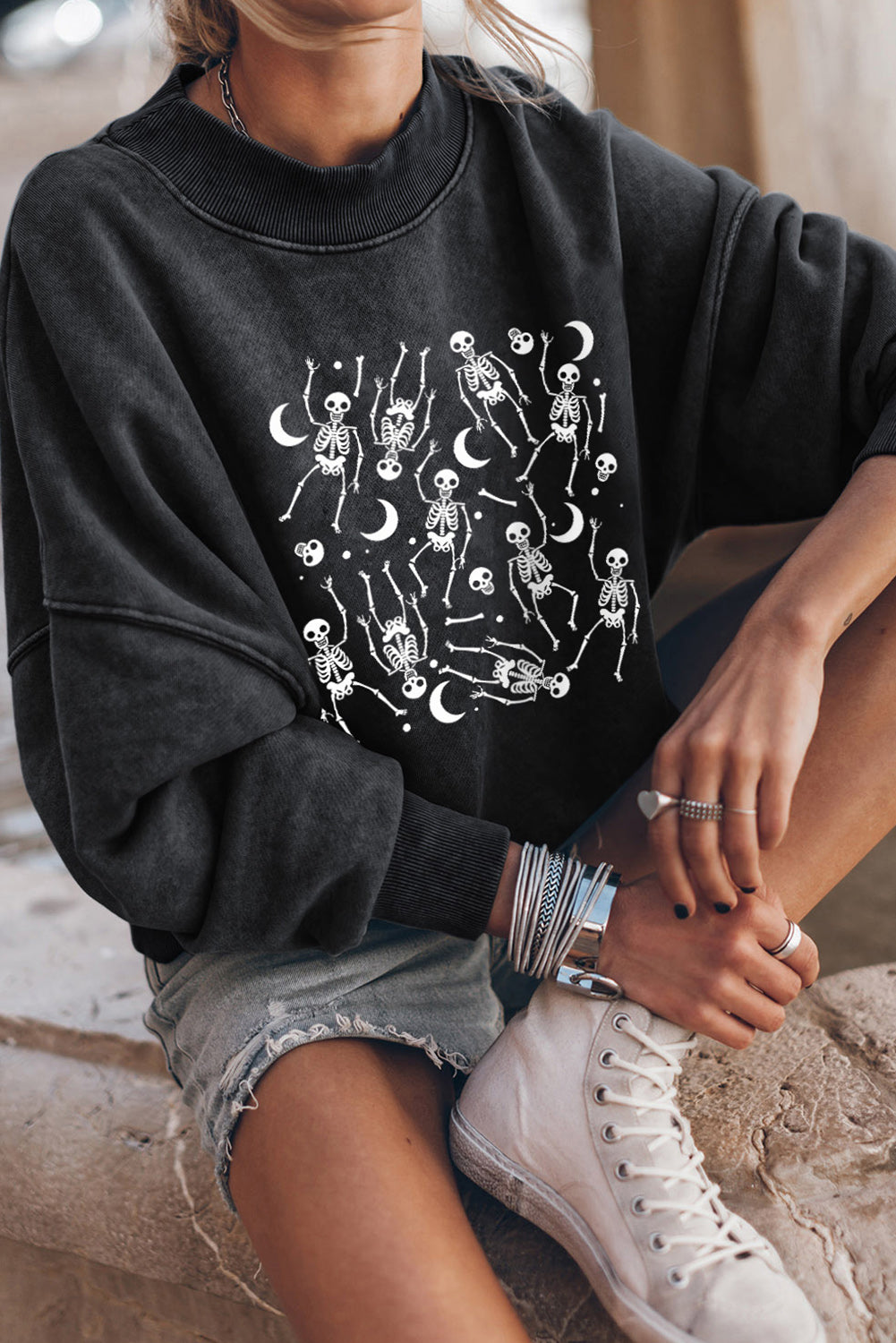 Skeleton Graphic Round Neck Long Sleeve Sweatshirt-Jewearrings