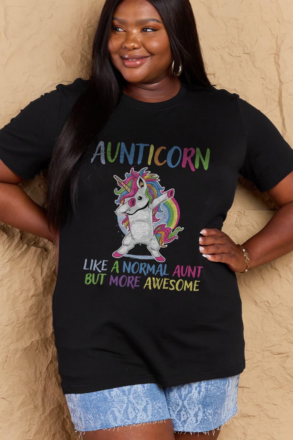 Simply Love Full Size AUNTICORN LIKE A NORMAL AUNT BUT MORE AWESOME Graphic Cotton Tee-Jewearrings