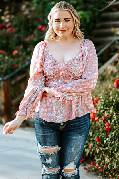 Plus Size Floral Smocked Flounce Sleeve Blouse-Jewearrings