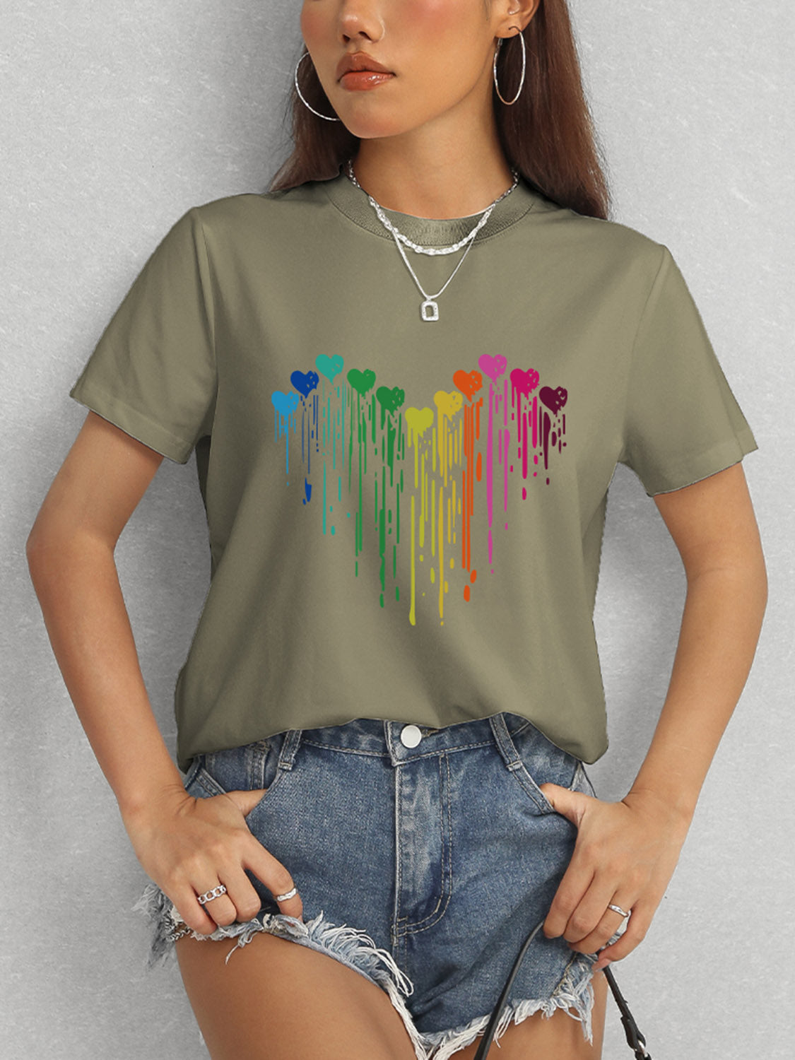 Heart Round Neck Short Sleeve T-Shirt-Jewearrings