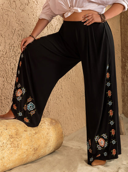 Plus Size Flower Elastic Waist Wide Leg Pants-Jewearrings