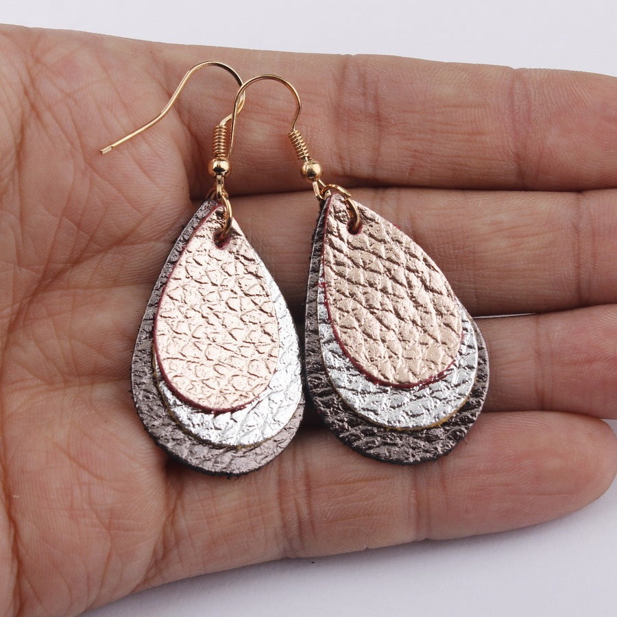 Three Layered Glitter Pride Litchi Print PU Leather Teardrop Earrings Rose Gold Multi-layer Leather Hook Earrings Brincos-Jewearrings