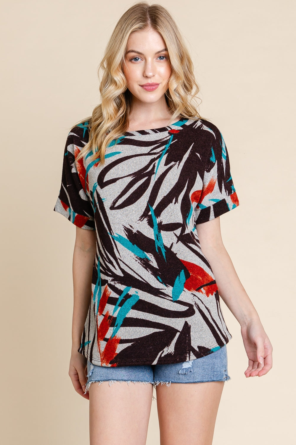 BOMBOM Printed Round Neck Short Sleeve T-Shirt-Jewearrings