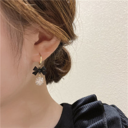 925 Silver Post C Shape Black Bow Zirconia Earrings-Jewearrings