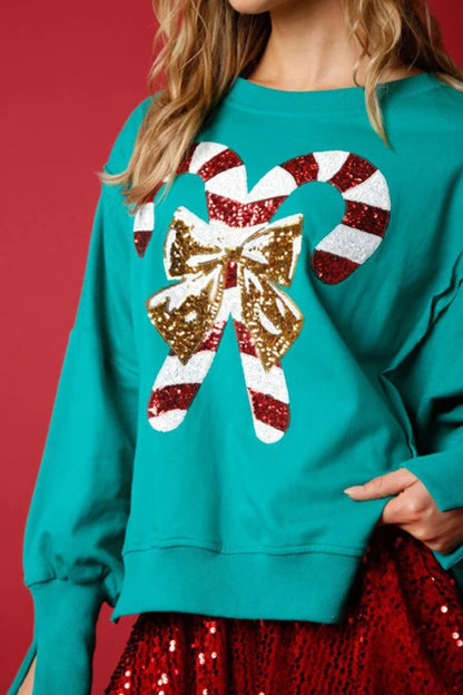 Candy Cane Slit Dropped Shoulder Sweatshirt-Jewearrings