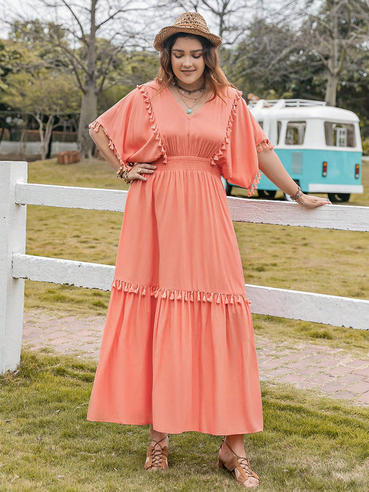 Plus Size Tassel Trim V-Neck Short Sleeve Ruffle Hem Dress-Jewearrings