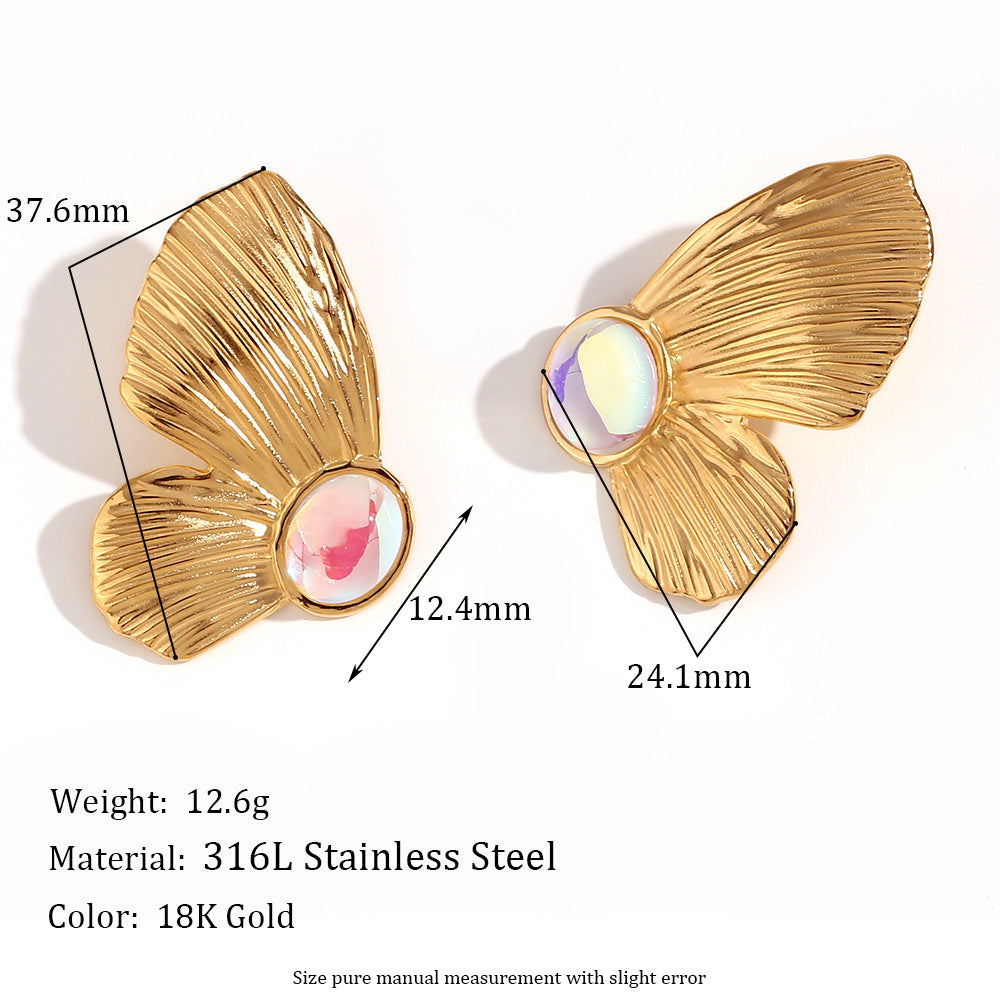 Stainless Steel 18K Gold Plating Cast Colorful Crystals Butterfly Wings Stud Earrings-Jewearrings