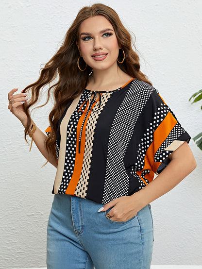 Striped Tie Neck Blouse-Jewearrings