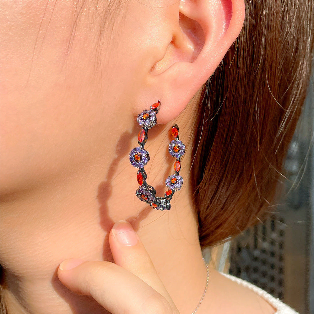 Silver Needle Gun Black Zircon Color Flower Hoop Earrings-Jewearrings