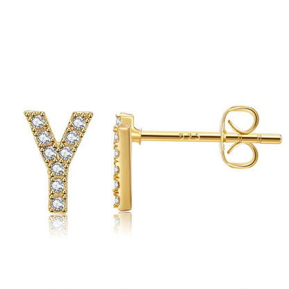 Women's Fashion Brass And Real Gold Plated Zirconia Letter Earrings-Jewearrings