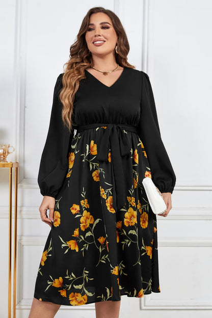 Melo Apparel Plus Size Floral Print Tie Belt V-Neck Balloon Sleeve Midi Dress-Jewearrings