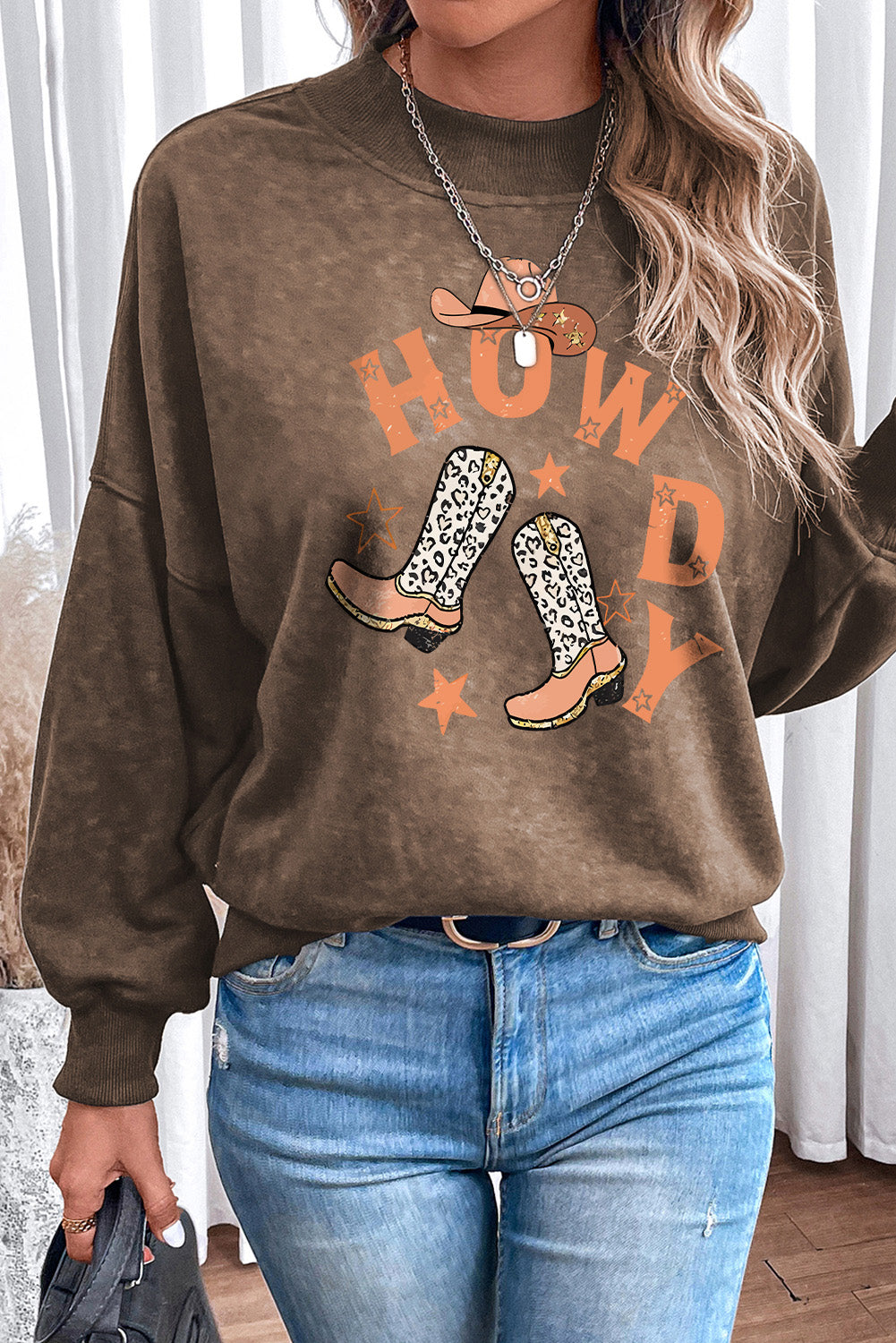 HOWDY Round Neck Drop Shoulder Sweatshirt-Jewearrings