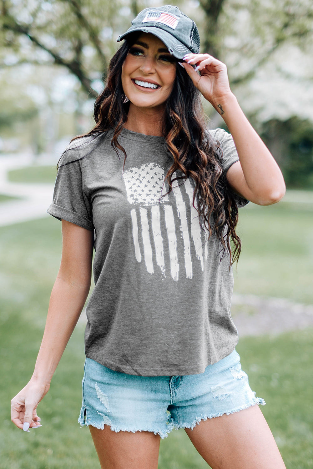 US Flag Graphic Cuffed Sleeve Tee-Jewearrings