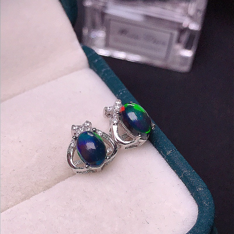 Stud Earrings Silver Inlaid Natural Black Opal-Jewearrings