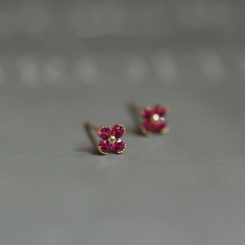 925 Silver Rose Red Little Flowers Ruby Stud Earrings-Jewearrings