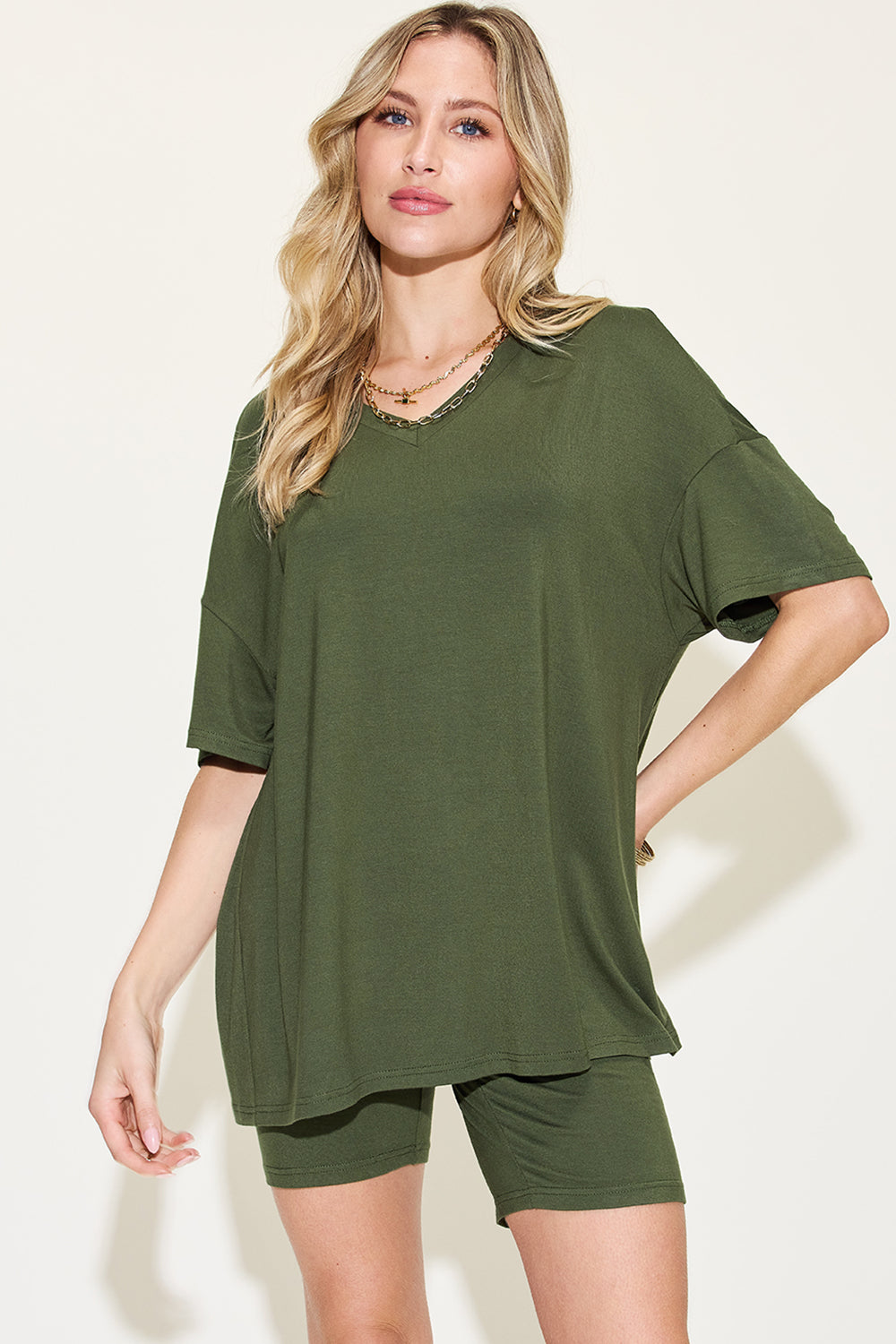 Basic Bae Full Size V-Neck Drop Shoulder T-Shirt and Shorts Set-Jewearrings