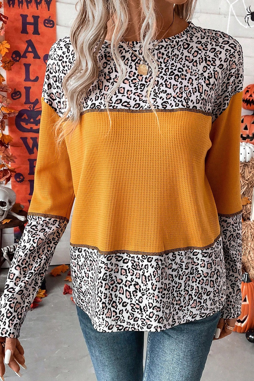 Leopard Waffle-knit Long Sleeve T-Shirt-Jewearrings