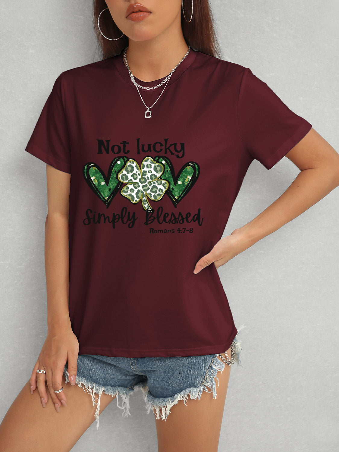 Lucky Clover Round Neck Short Sleeve T-Shirt-Jewearrings