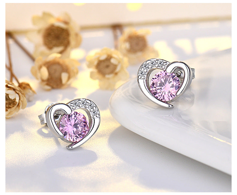 Female S925 Sterling Silver Needle Love Heart Stud Earrings-Jewearrings