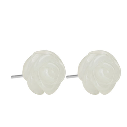 Ose Flower Sterling Silver Women Hetian Jade Flower Earrings-Jewearrings