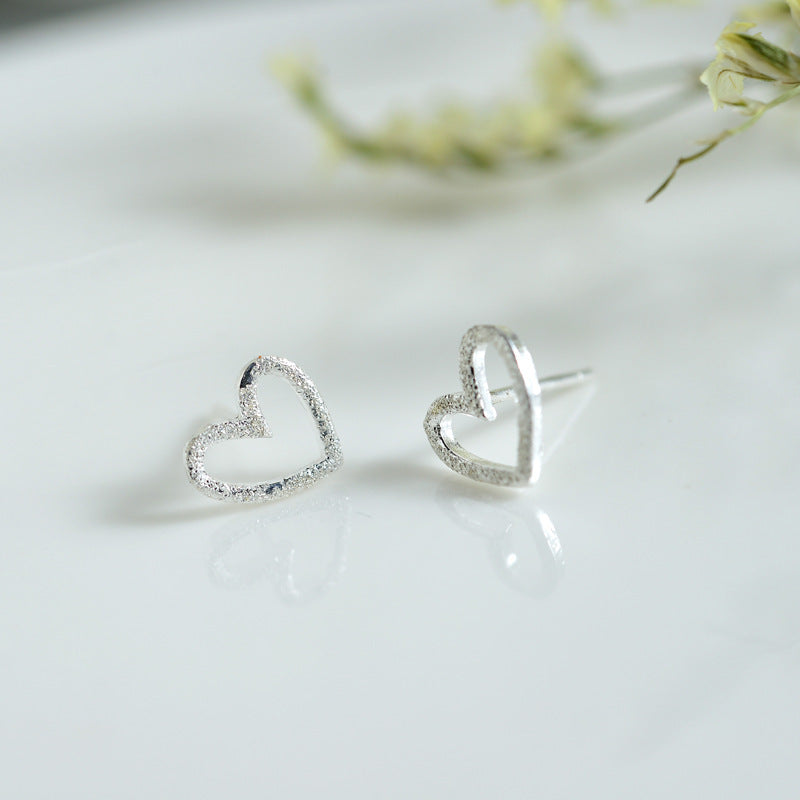 S925 Sterling Silver Earrings Hollow Frosted Heart-shaped Ear Studs-Jewearrings