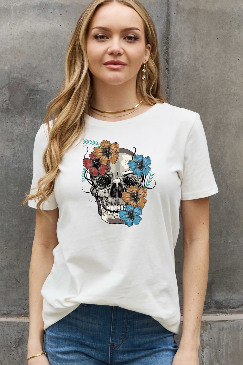 Simply Love Full Size Flower Skull Graphic Cotton Tee-Jewearrings