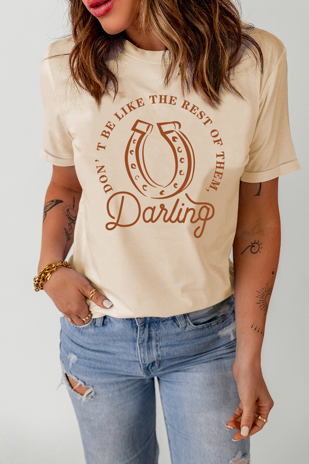 Slogan Graphic Cuffed Sleeve Tee Shirt-Jewearrings