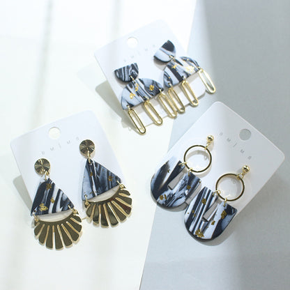 Women's Geometric Clay Black Gold Foil Earrings-Jewearrings