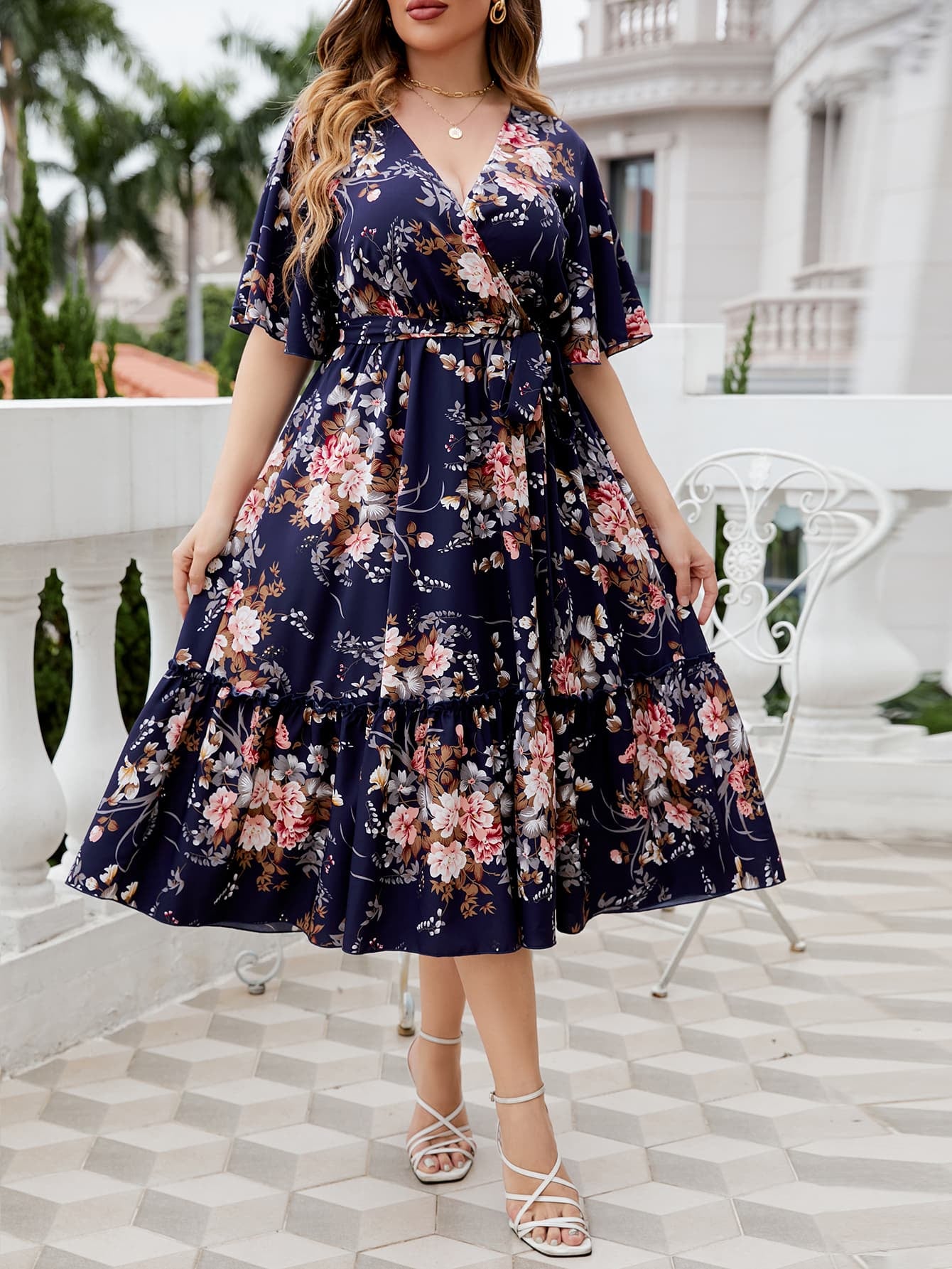 Plus Size Floral Surplice Neck Midi Dress-Jewearrings