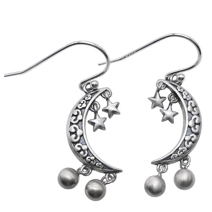 S925 Silver Retro Fashion Artistic Temperament Silver Bead Fringe Earrings Star Crescent Pendant-Jewearrings