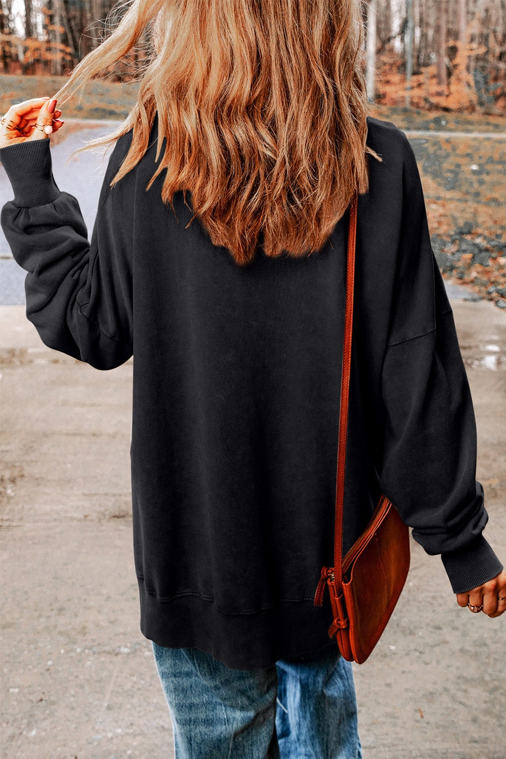 Round Neck Drop Shoulder Slit Graphic Sweatshirt-Jewearrings