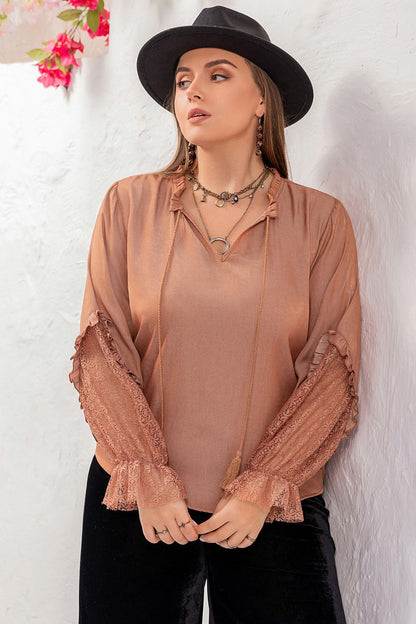 Plus Size Tie Neck Flounce Sleeve Blouse-Jewearrings