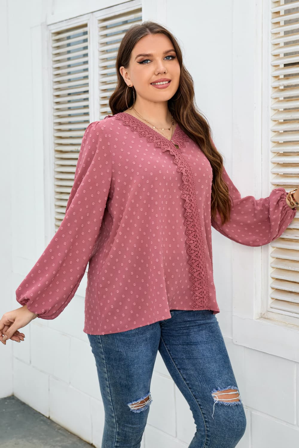 Melo Apparel Plus Size Lace Trim V-Neck Balloon Sleeve Blouse-Jewearrings