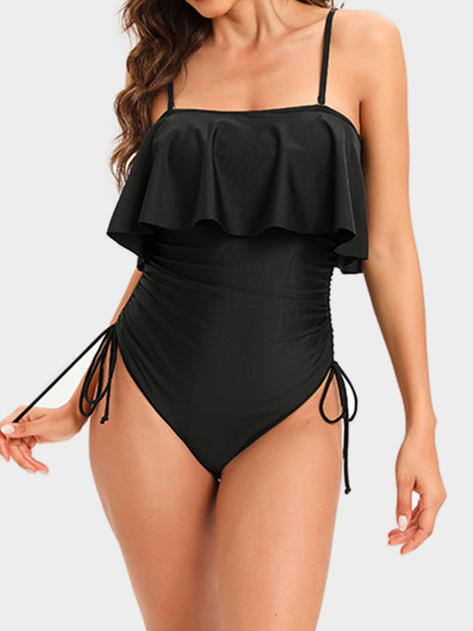 Drawstring Layered Spaghetti Strap One-Piece Swimwear-Jewearrings