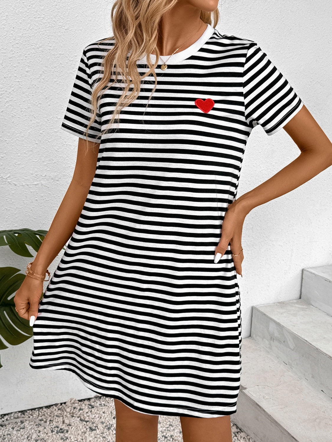 Striped Round Neck Short Sleeve Dress-Jewearrings