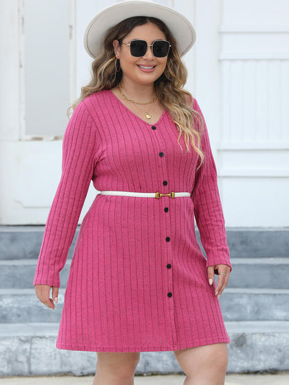 Plus Size Ribbed Buttoned V-Neck Long Sleeve Dress-Jewearrings