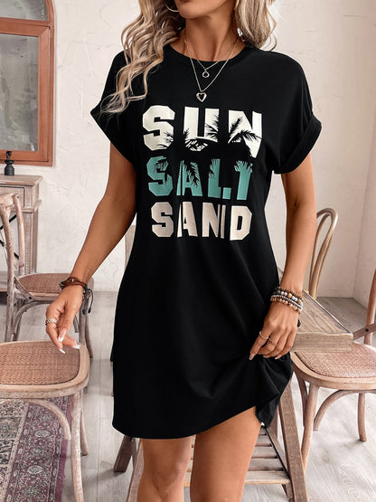 Letter Graphic Round Neck Short Sleeve Mini Tee Dress-Jewearrings