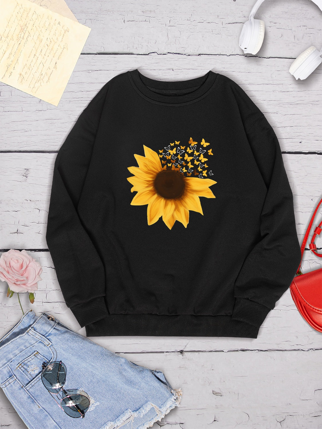 Sunflower Round Neck Dropped Shoulder Sweatshirt-Jewearrings