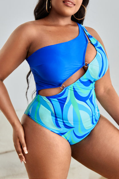 Plus Size Printed Ring Detail One-Shoulder One-Piece Swimsuit-Jewearrings